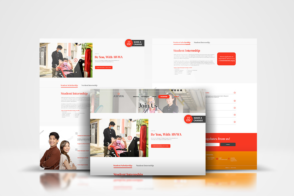 Collage of website design layouts for student scholarships and internships, with red accents and callouts like 'Be You, With AWWA' and 'Join Us'
