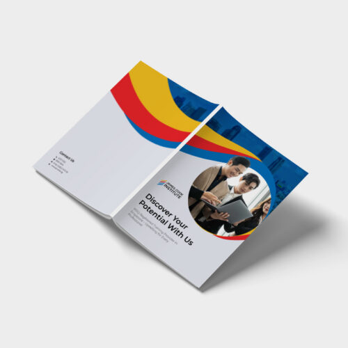 Open corporate brochure with bold color arcs; shows professionals reading a document with the slogan 'Discover Your Potential With Us'