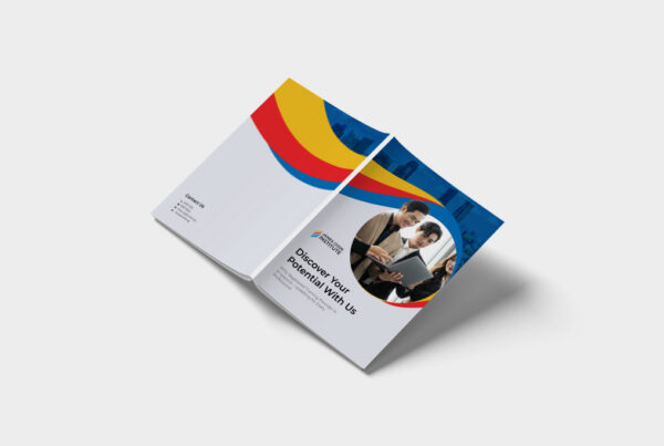 Open corporate brochure with bold color arcs; shows professionals reading a document with the slogan 'Discover Your Potential With Us'