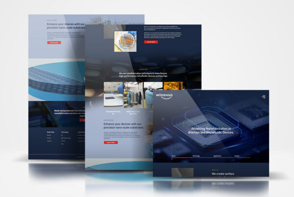 Three overlapping website hero screenshots in blue tones, illustrating nanofabrication and biochip themes.