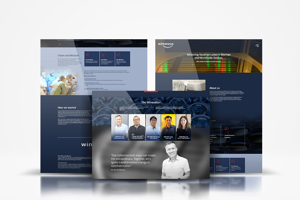 Collage of three dark blue technology website mockups with team photos and lab imagery, showing header text and layouts.