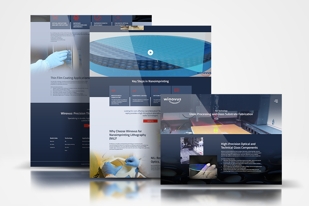 Overlapping website mockups for a glass processing company, with dark blue sections and a video player hero image in the center.