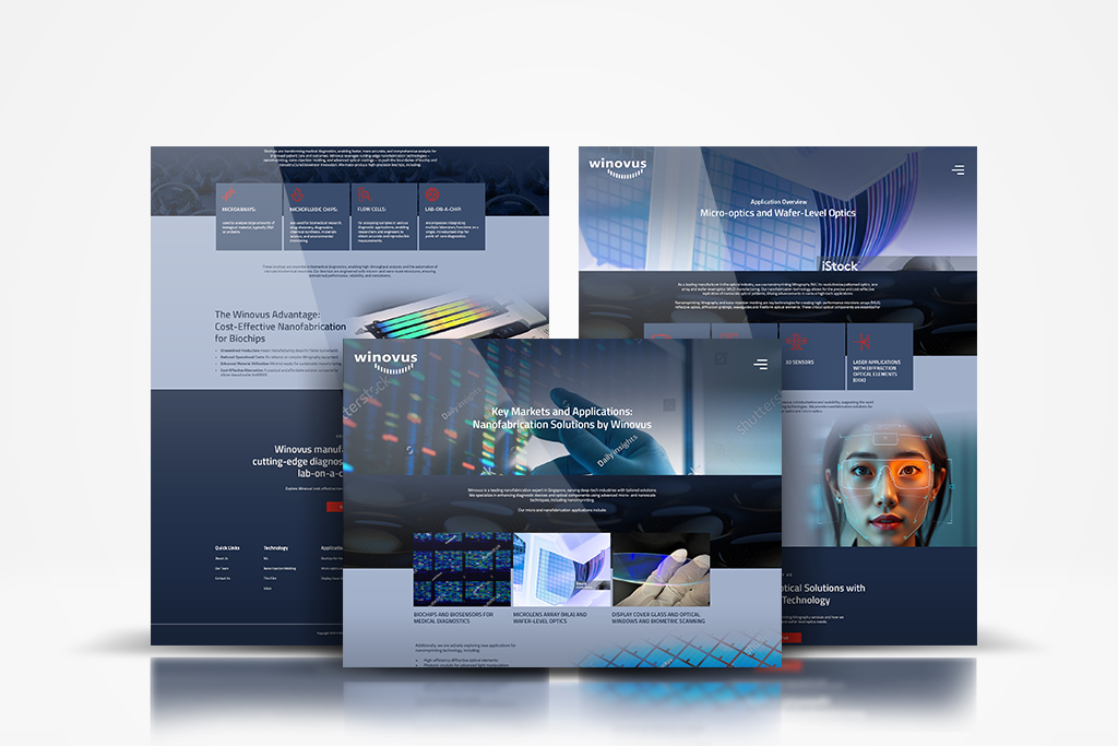 Three overlapping dark-blue web design mockups showing a corporate tech portfolio.
