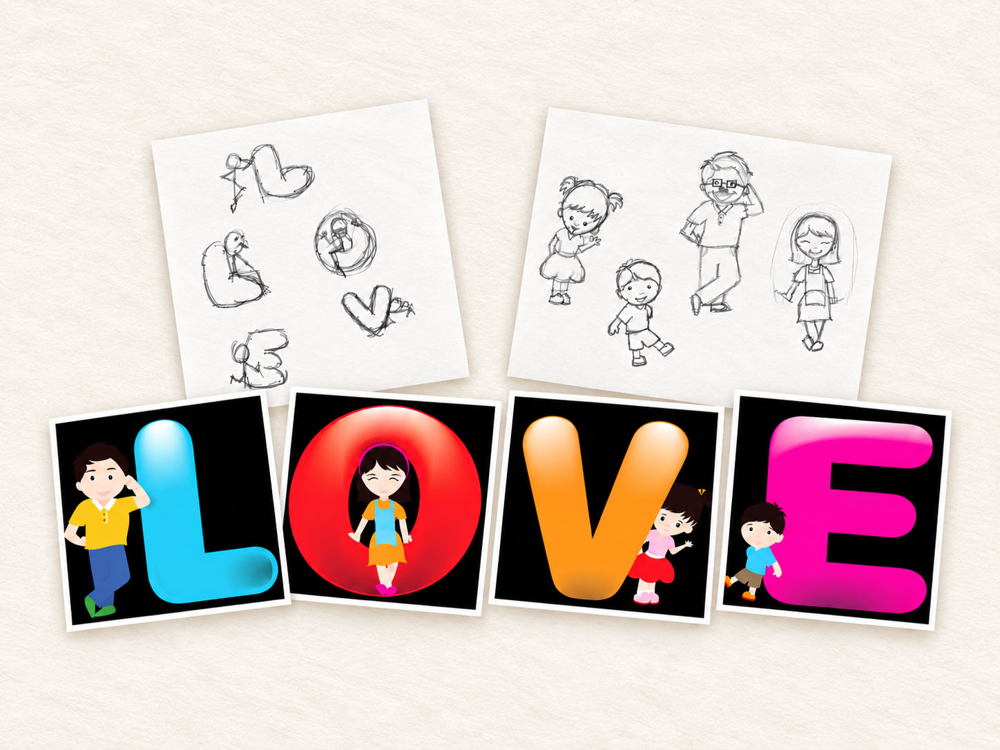 Collage of Serene Soh’s early design-school work, showing pencil character sketches and colourful LOVE letter illustrations.