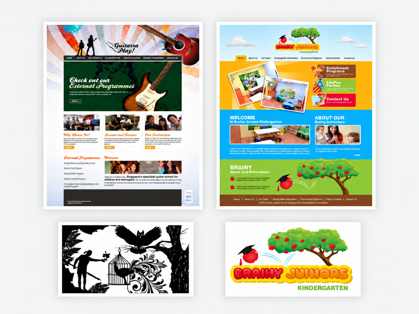 Collage of Serene Soh’s early freelance work, featuring two website designs, a kindergarten logo and a black-and-white illustration.