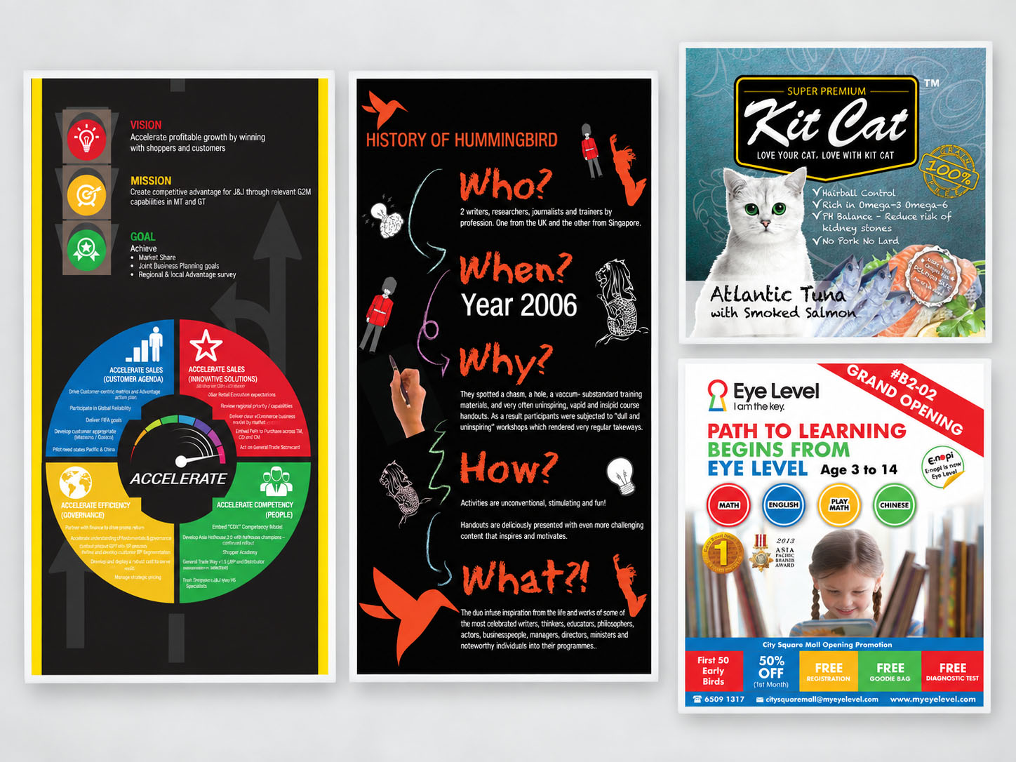 Collage of Serene Soh’s early freelance design work, featuring an infographic, brochure, cat food packaging and educational promotional flyer.