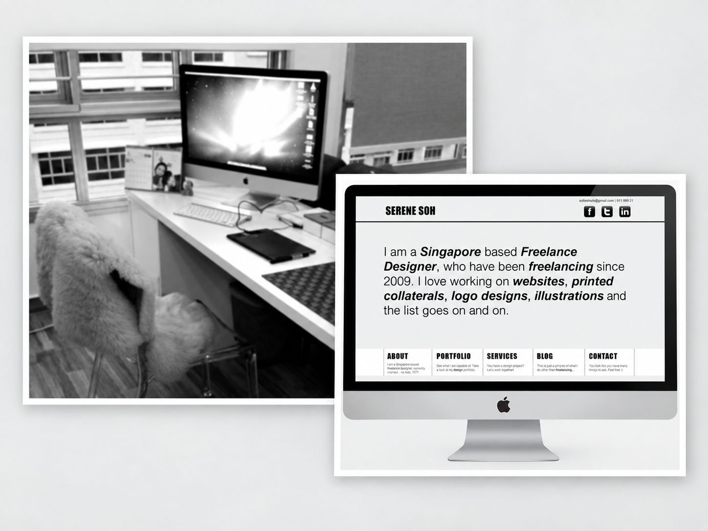 Collage showing Serene Soh’s early home workspace and her original freelance graphic design portfolio website.
