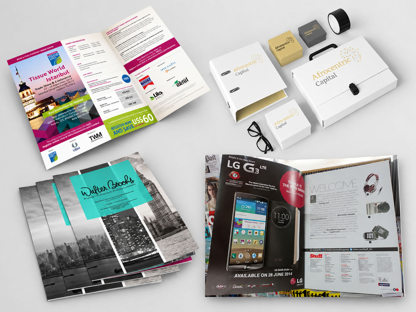 Collage of Serene Soh’s design work, featuring an event brochure, corporate identity, property brochure and magazine layout.