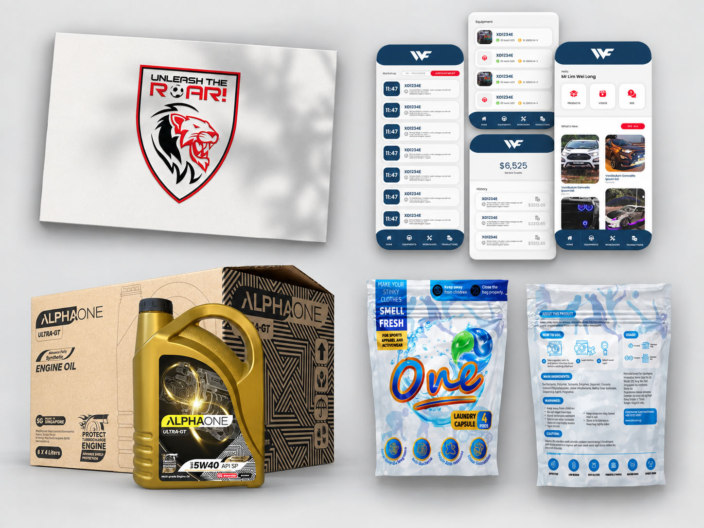 Collage of Serene Soh’s design work featuring a sports logo, car workshop mobile app, engine oil packaging and laundry capsule packaging.