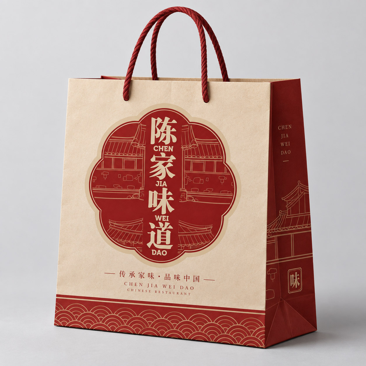 Chinese restaurant logo design Singapore applied on a paper bag mockup with red and beige heritage-style branding
