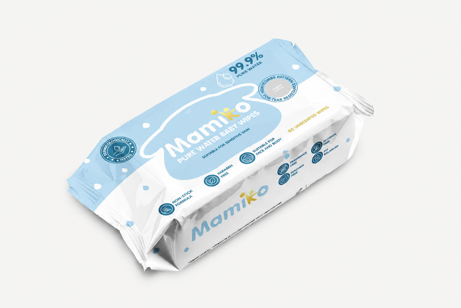 Mamiko Pure Water Baby Wipes packaging in blue and white, displayed on a light neutral background.