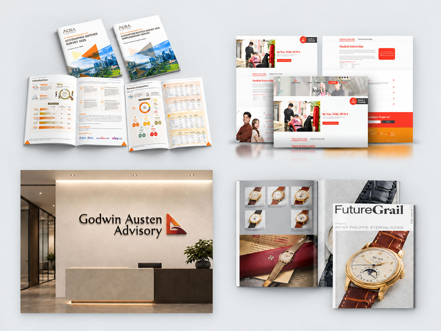 Collage of Serene Soh’s recent design work featuring an ACRA survey report, AWWA website, corporate logo and luxury watch auction catalogue.