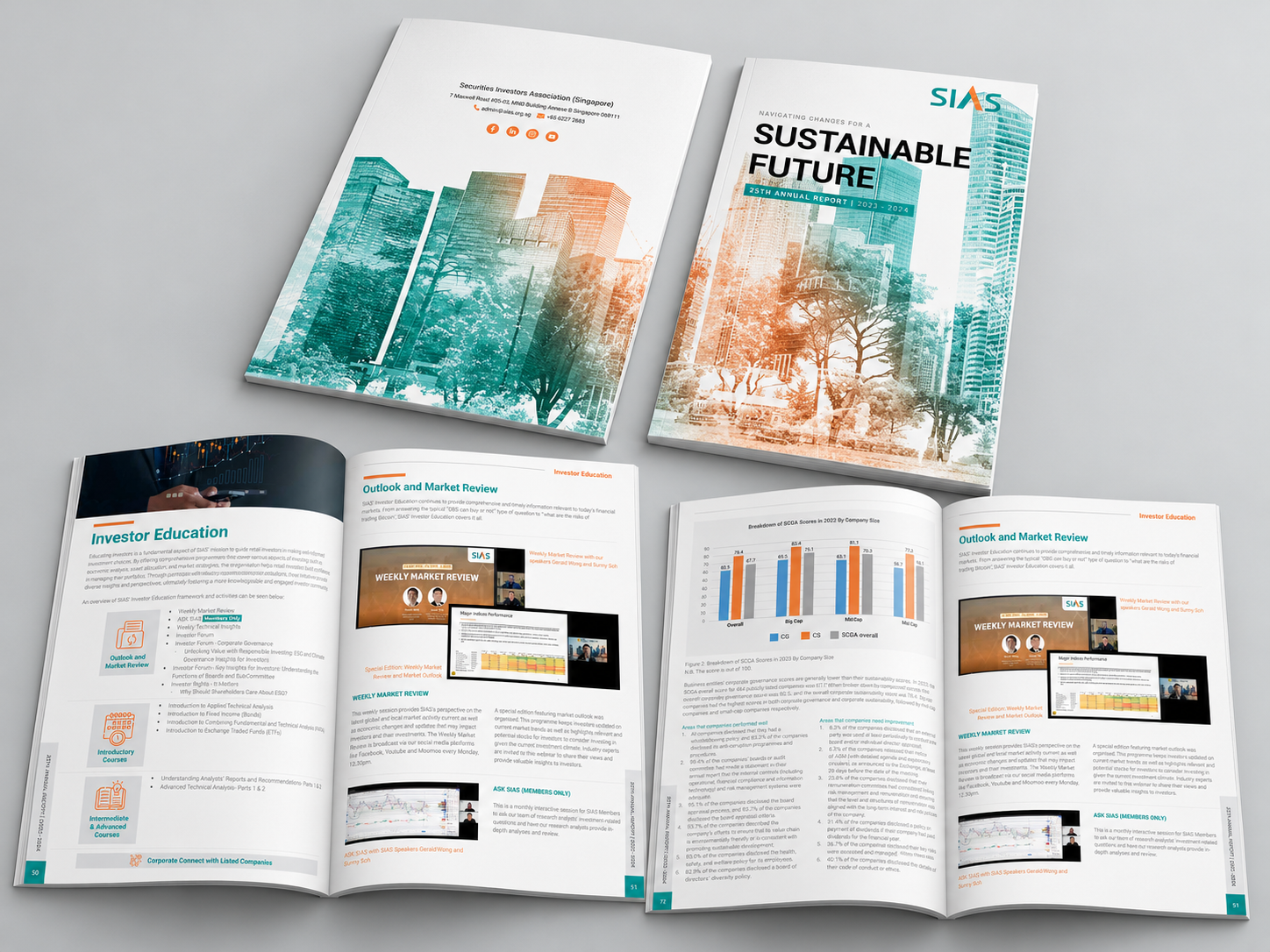 3D A4 booklet mockup of the SIAS 25th Annual Report 2023–2024 on a light grey background, featuring the report cover “Navigating Changes for a Sustainable Future” with interior spread designs showing investor education content, charts and annual report layout design.